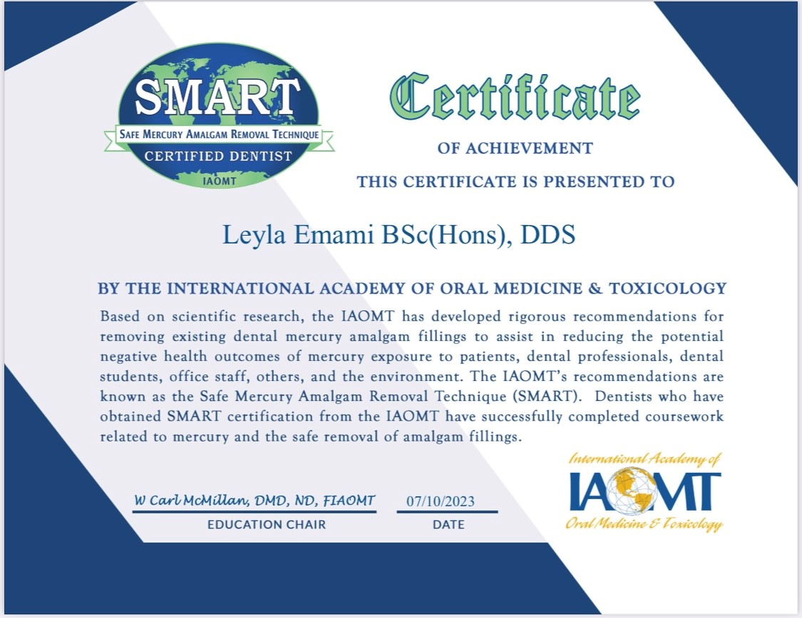 Dr Leyla Emami Smart Safe Mercury Amalgam Removal Technique certificate Dr Dana Colson & Associates Toronto Dental Clinic
