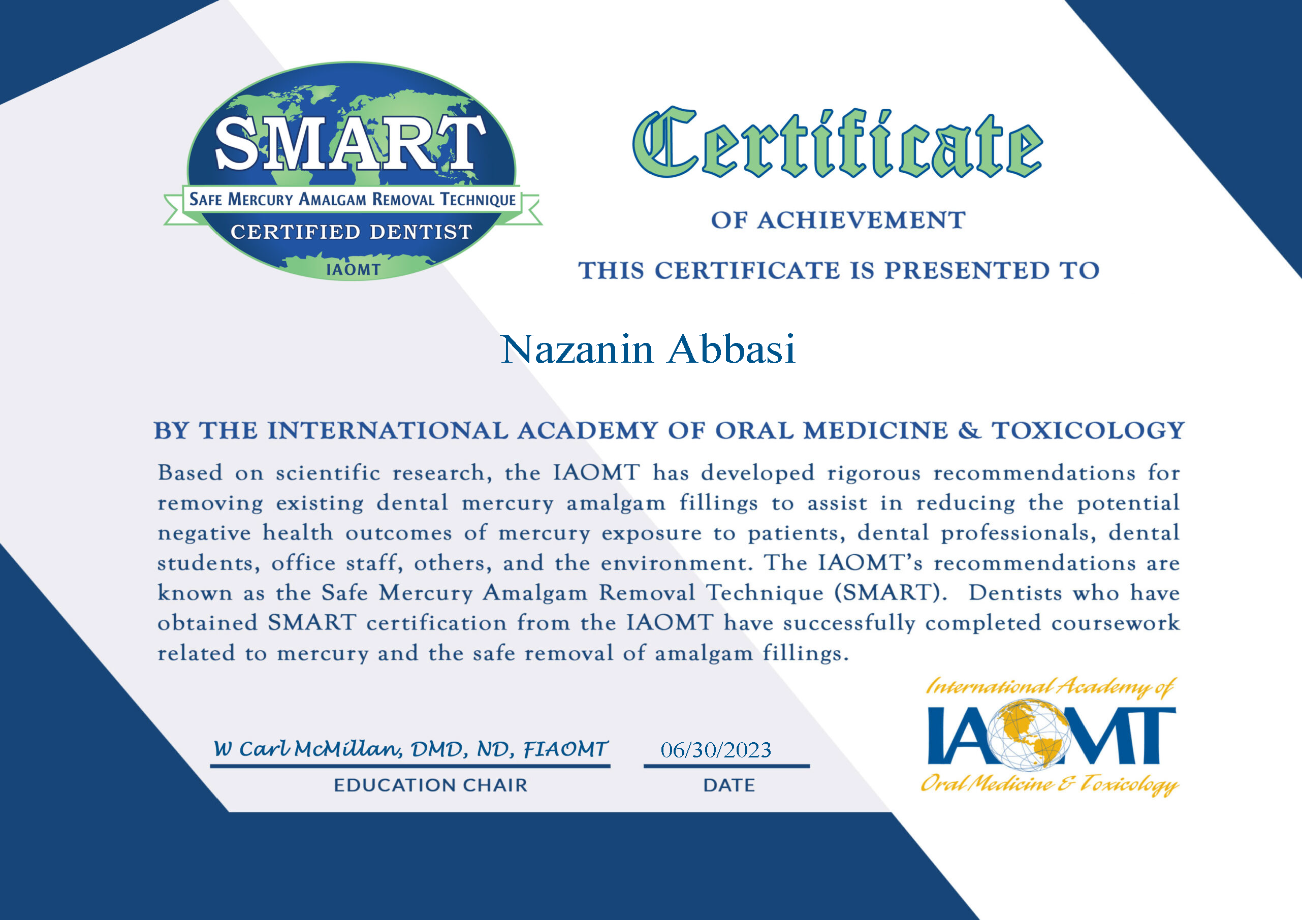 Dr Nazanin Abbasi Smart Safe Mercury Amalgam Removal Technique certificate Dr Dana Colson & Associates Toronto Dental Clinic